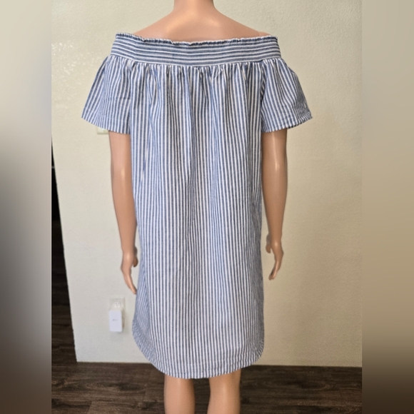 J Crew Size 10 Chambray Blue/White Stripe Dress w/Elastic Neckline Off Shoulder - Picture 8 of 12